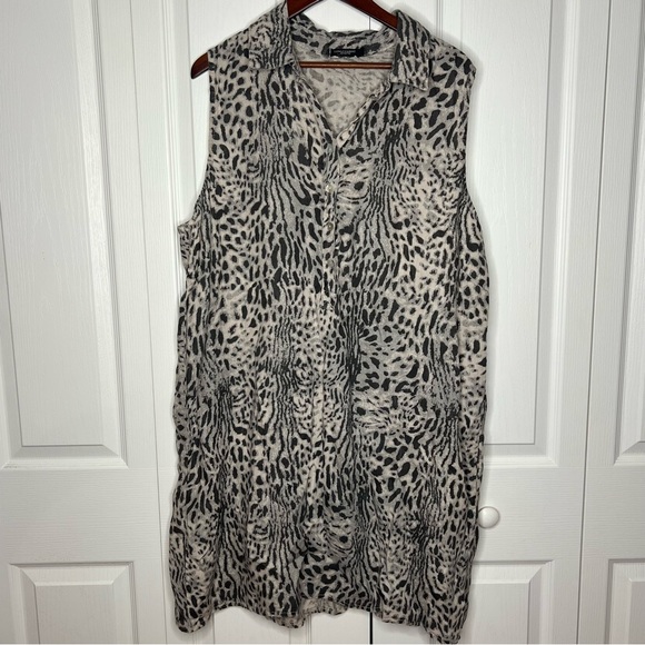 LUNGO L'Arno Leopard 100% Linen italian Sleeveless Collared Dress oversized 2XL - Picture 2 of 13
